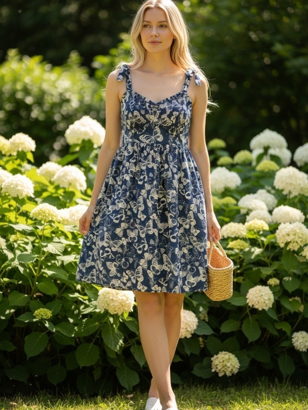 AND Blue And White Butterfly Summer Chic Dress Breezy Fun Fairy Core Whimsical M